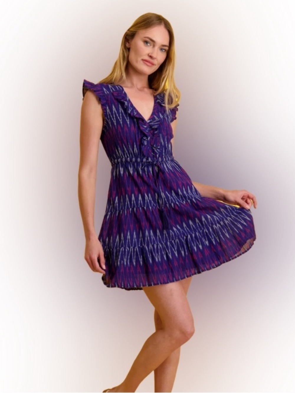 Mer St Barth Giselle Mini Dress in Multi Navy Red Ikat - Red White and Blue